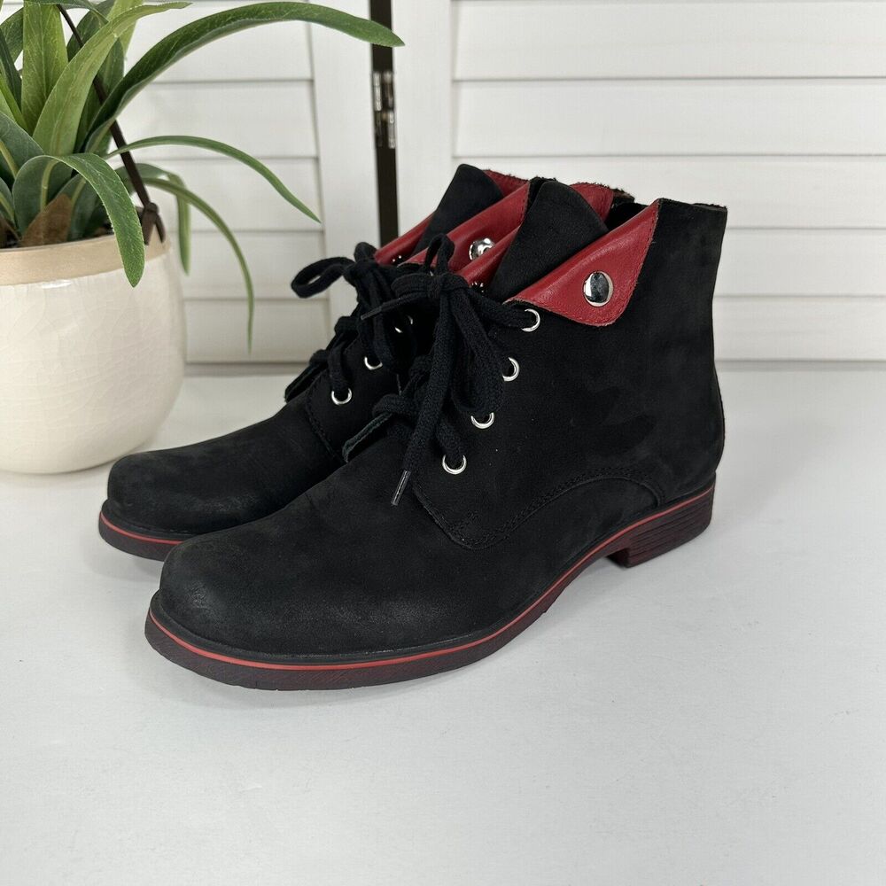 V Italia Black Red Fold Over Ankle Boots Nubuck Leather Lace Up‎ EU 38 US 7.5